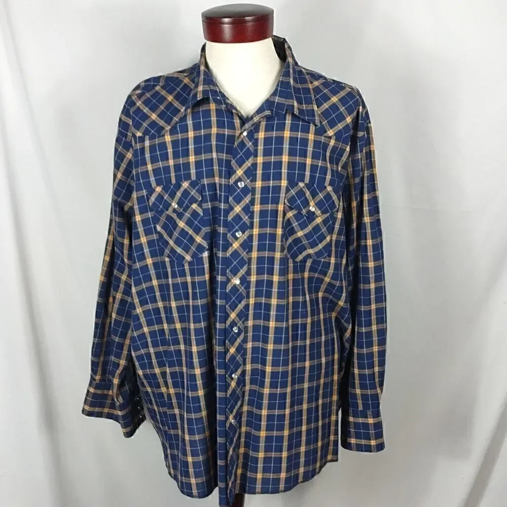 Wrangler Men's Blue & Gold Plaid Western Snap Shirt